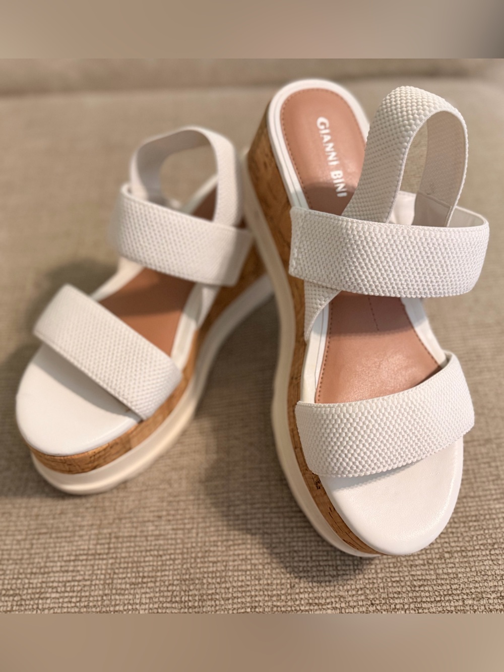 NWOT Gianni Bini White Elastic Strap Wedge Sandals